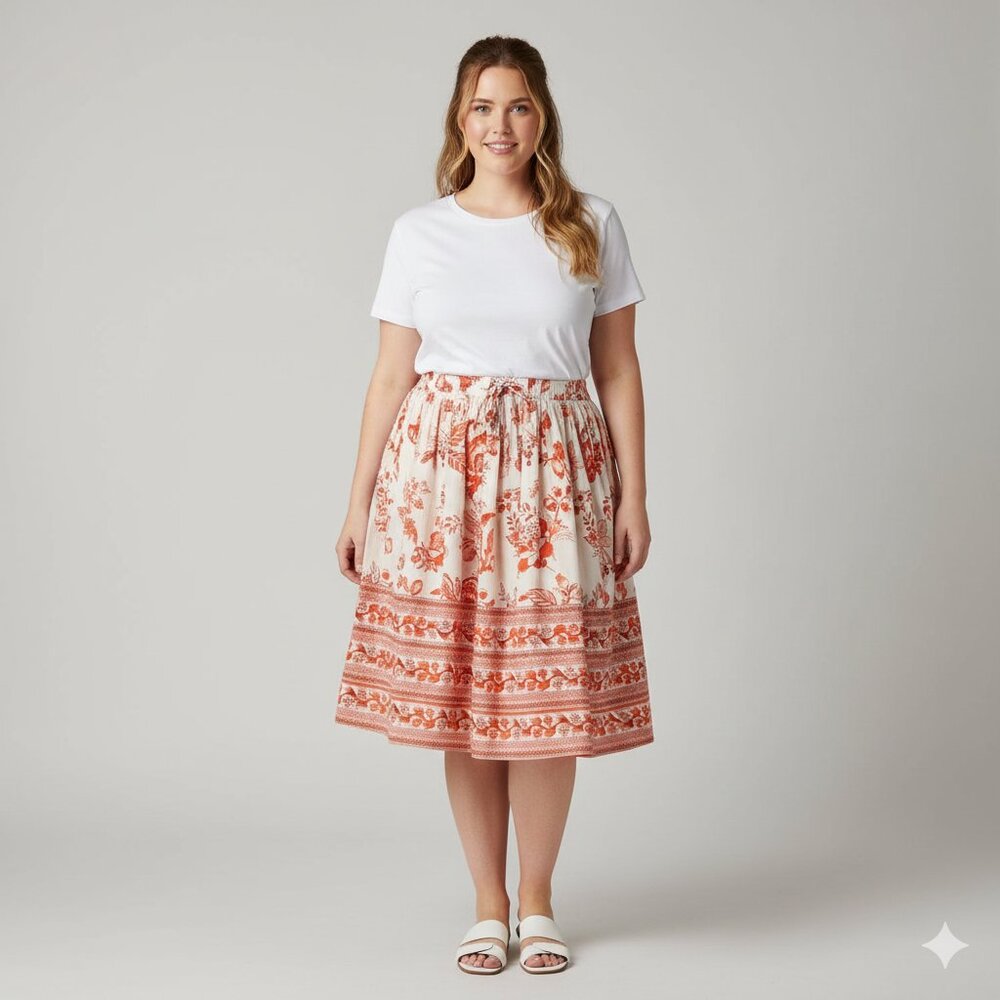 ARGEE DESIGN STUDIO (NEW) Boho Woven Border Print Full Skirt, Pink/Red - XL
